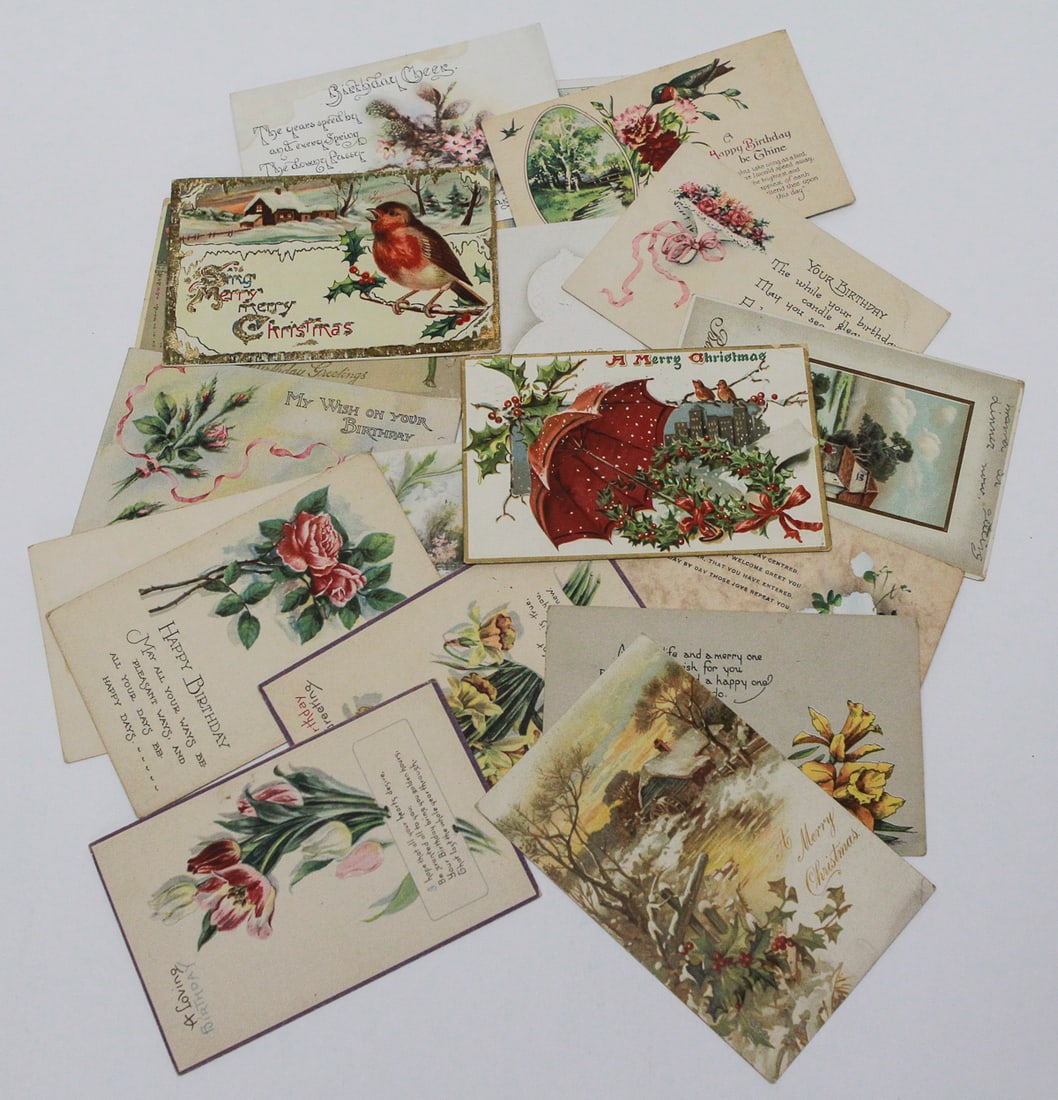 Lot of 18 Vintage Birthday and Christmas Postcards: Lot of eighteen vintage color postcards featuring birthday and Christmas greetings, floral designs, birds, winter landscapes, and sentimental verses. Most are postally used with handwritten messages, 