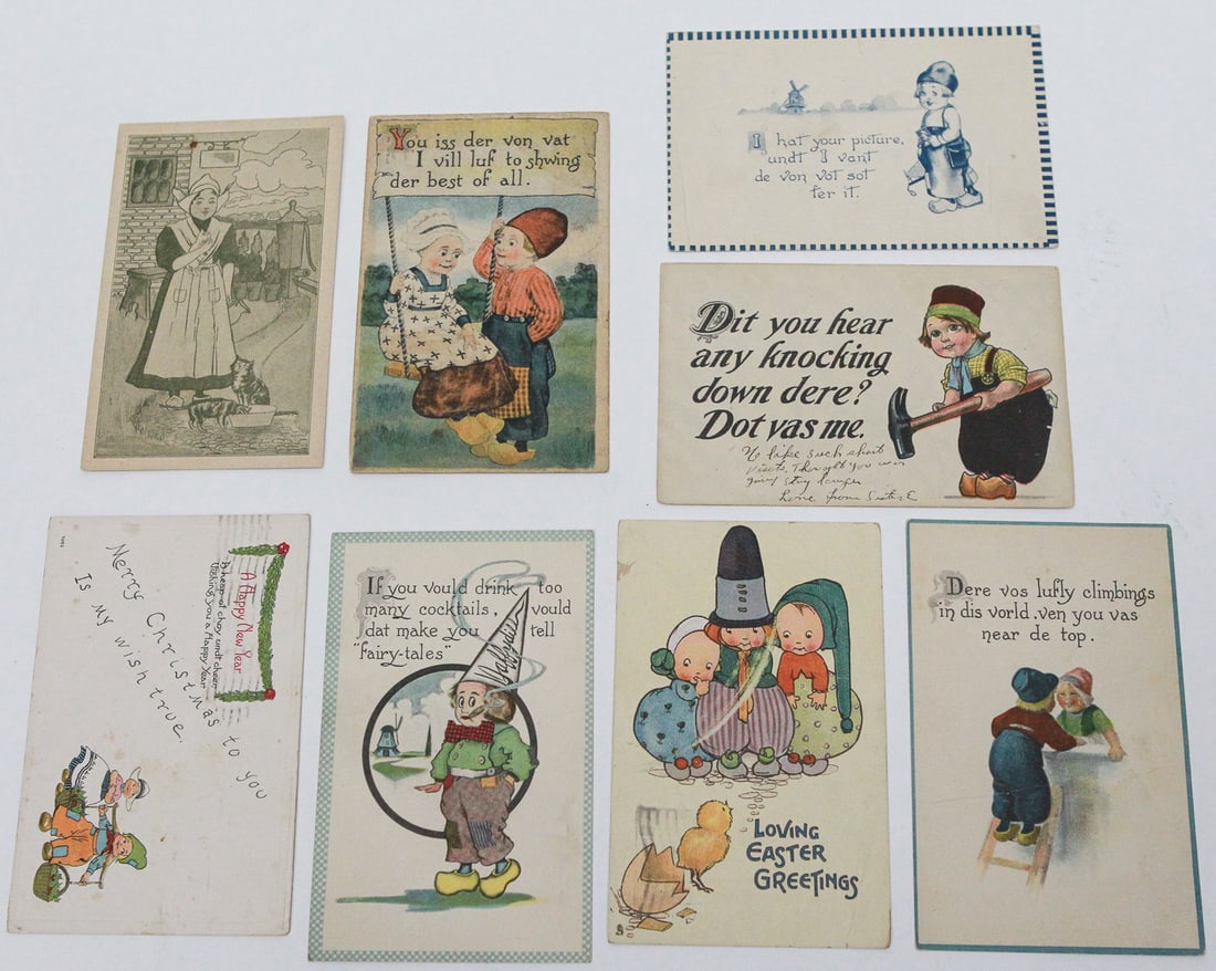 Lot of 8 Dutch-Themed Comic Postcards: Lot of eight vintage color and monochrome postcards featuring humorous Dutch children, dialect captions, and Christmas, New Year, and Easter greetings. Includes an example published by Raphael Tuck & 