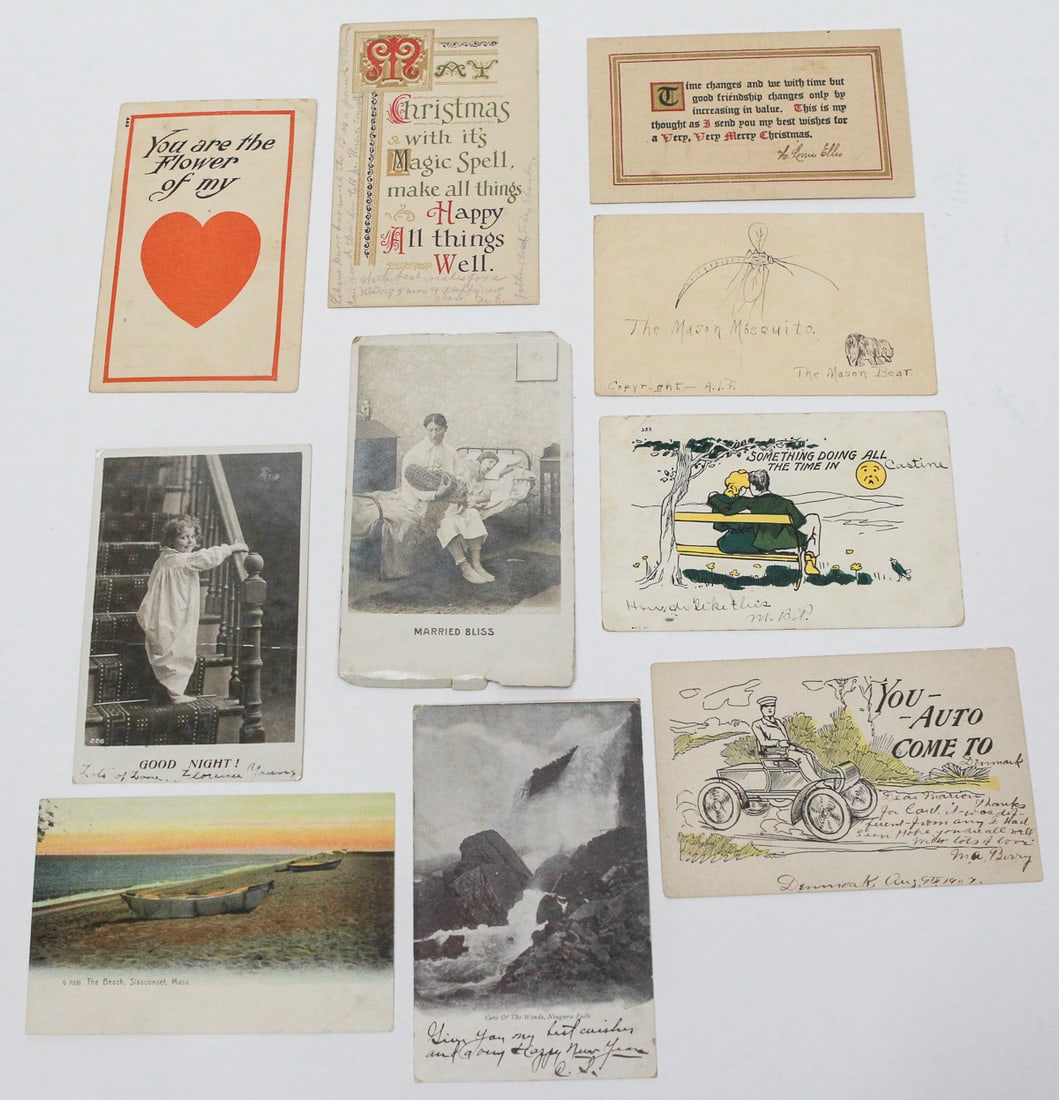 Lot of 10 Antique Novelty and Scenic Postcards: Lot of ten antique color and monochrome postcards featuring romantic and Christmas greetings, humorous illustrations, children, early automobiles, and scenic views of Maine and Massachusetts. Most are