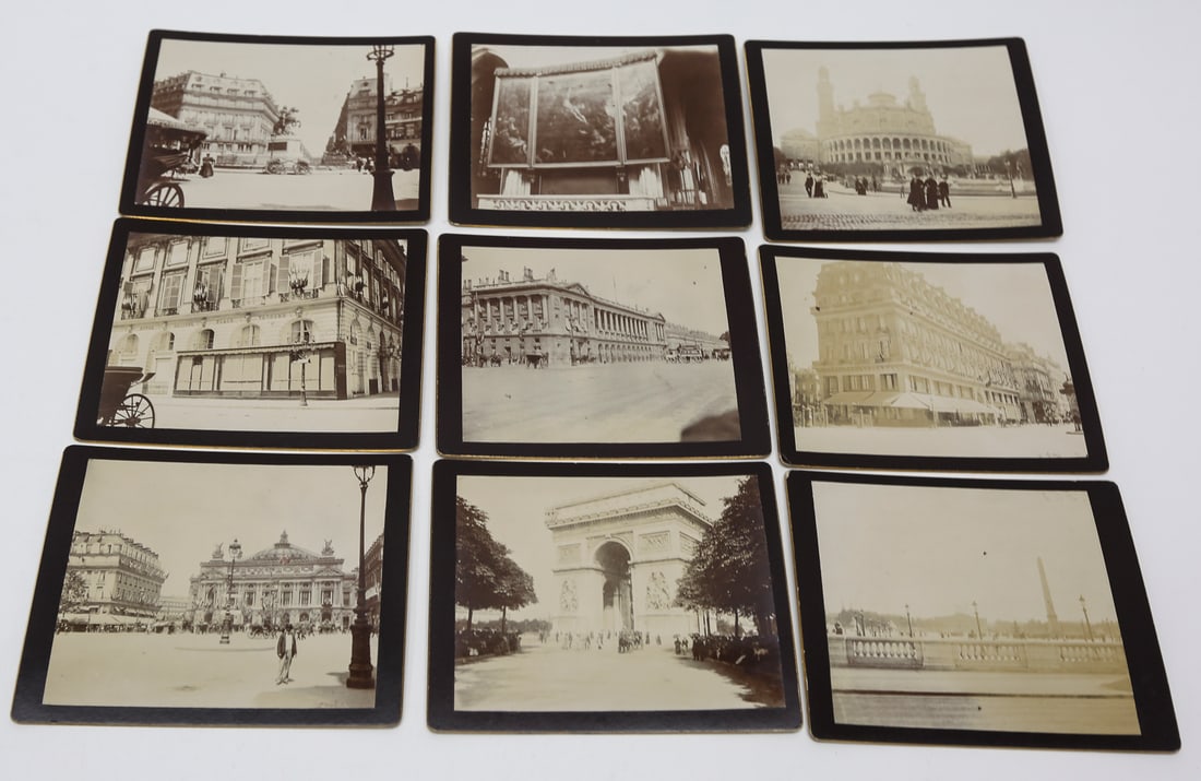Lot of 9 Paris Landmark Photographs, c. 1919: Lot of nine antique gelatin silver photographs documenting prominent Parisian landmarks, architecture, and street scenes around 1919. Views include the Arc de Triomphe, Palais Garnier, Sacré-Cœur Ba