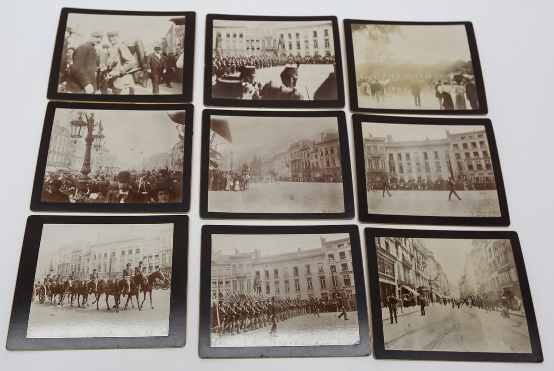 Lot of 9 Brussels Military Parade Photographs, c. 1919: Lot of nine antique gelatin silver photographs documenting military ceremonies and public gatherings in Brussels, Belgium, following World War I. The images depict uniformed officers and dignitaries, 