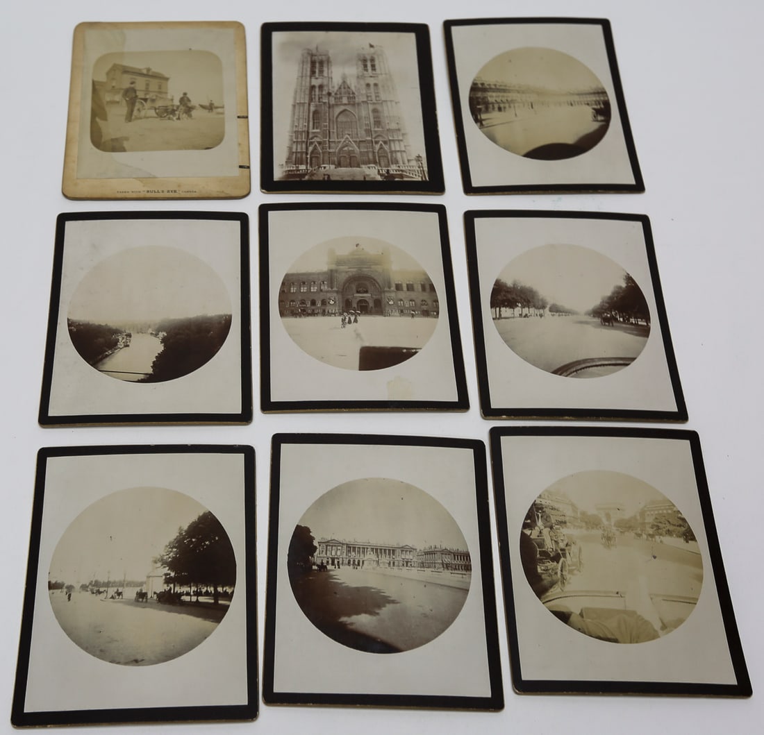 Lot of 9 Paris and European Travel Photographs, c. 1910s: Lot of nine antique gelatin silver photographs documenting Paris and other European travel scenes. The circular and rectangular images depict the former Palais du Trocadéro, formal gardens, broad bou