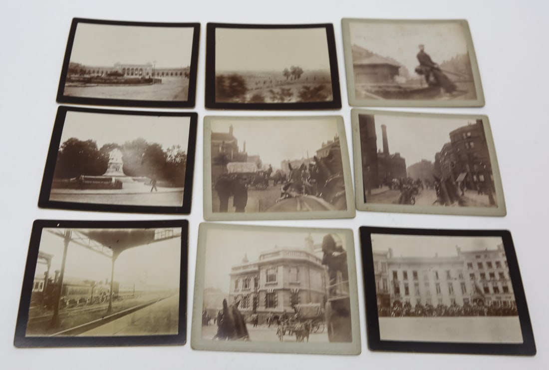 Lot of 9 European Travel and Military Photographs, c. 1919: Lot of nine antique gelatin silver photographs documenting European city life and public events following World War I. The images depict waterfront promenades, civic monuments, an equestrian statue, r