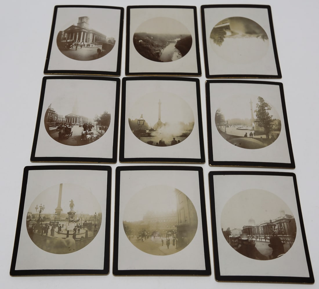 Lot of 9 London Landmark Photographs, c. 1910s: Lot of nine antique gelatin silver photographs documenting central London landmarks and street scenes. The circular images include Trafalgar Square, Nelson’s Column, the National Gallery, St. Martin
