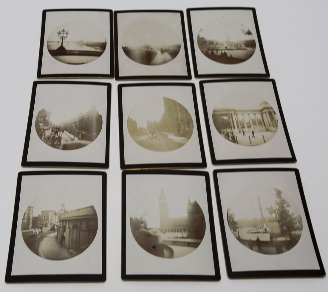 Lot of 9 London Landmark Photographs, c. 1910s: Lot of nine antique gelatin silver photographs documenting central London landmarks and street scenes. The circular images depict the Houses of Parliament and Big Ben, the River Thames and Embankment,