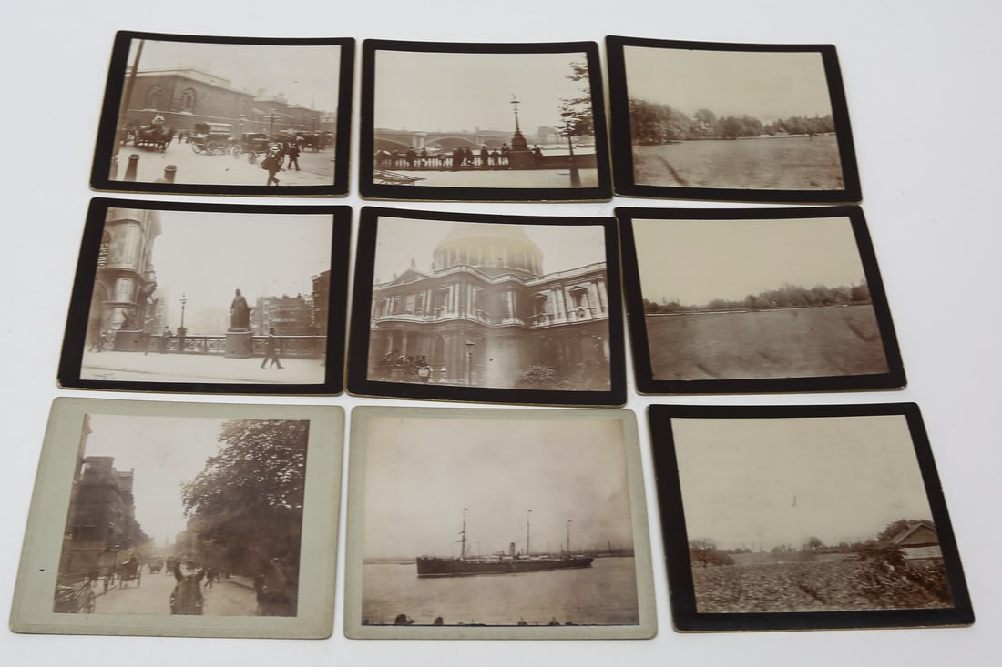 Lot of 9 London Travel and River Photographs, c. 1910s: Lot of nine antique gelatin silver photographs documenting London landmarks, transportation, and everyday city life. The images include St. Paul’s Cathedral, bridges over the River Thames, a busy ra