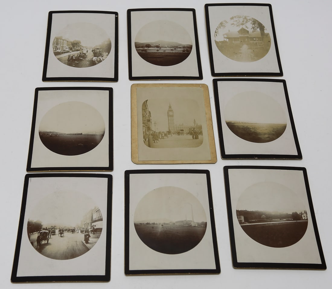 Lot of 9 London Travel Photographs, c. 1910s: Lot of nine antique gelatin silver photographs documenting London and the surrounding English countryside. The images include Big Ben and the Houses of Parliament, busy streets with horse-drawn vehicl