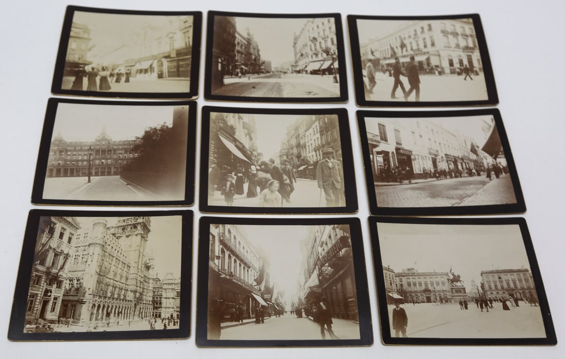 Lot of 9 Brussels Street and Architectural Photographs, c. 1910s: Lot of nine antique gelatin silver photographs documenting Brussels, Belgium. The images depict the Grand Place and Hôtel de Ville, monumental civic buildings, an equestrian statue, broad commercial 