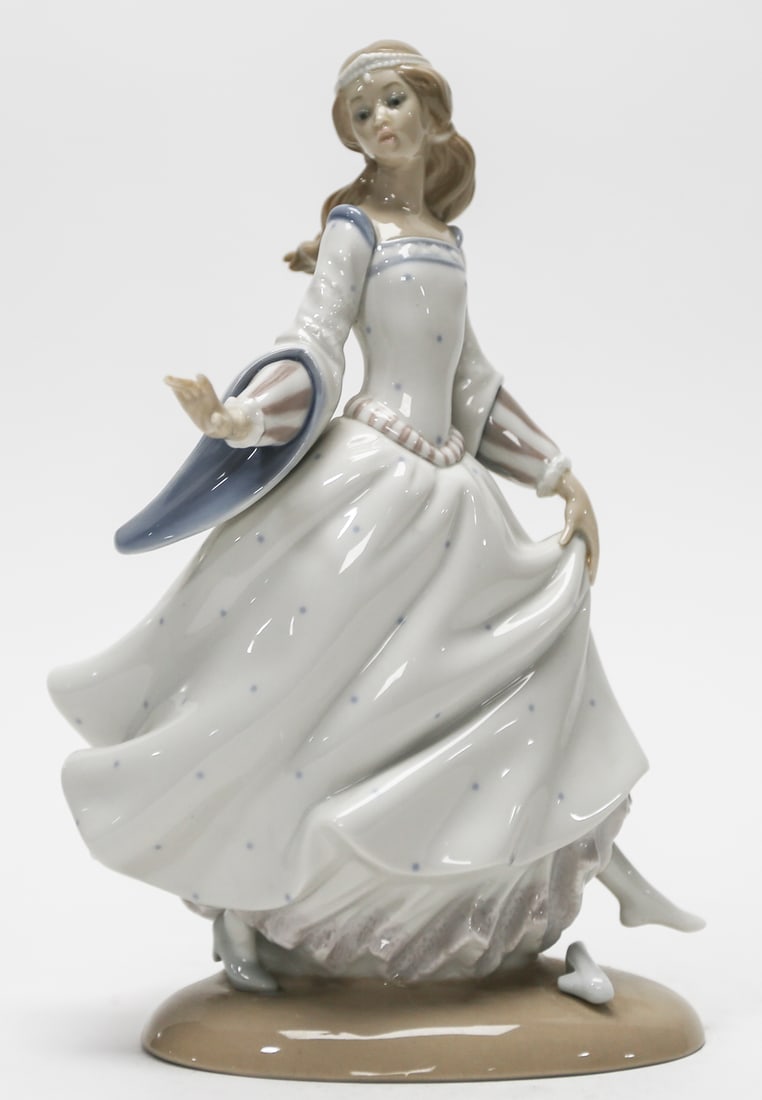 Lladró Elegant Lady in the Wind Figurine: Graceful Lladró porcelain figurine depicting an elegant young woman in a flowing white gown accented with delicate blue dots, striped sleeves, and sweeping blue cuffs. Her windblown hair, raised skir