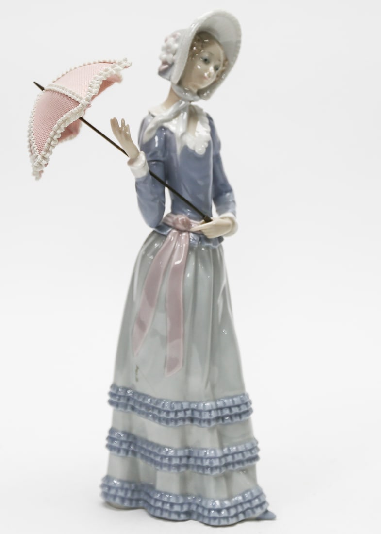 Lladro Aranjuez Little Lady Porcelain Figurine No. 4879: A retired Lladro glazed porcelain figurine titled Aranjuez Little Lady, depicting an elegant young woman dressed in a blue and gray ruffled gown with a pink sash, bonnet, and detailed pink parasol.