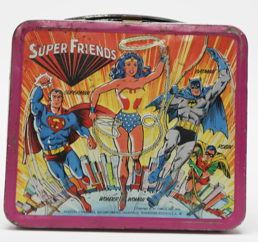 1976 DC Comics Super Friends Aladdin Metal Lunch Box: A vintage 1976 Aladdin Industries metal lunch box featuring DC Comics Super Friends characters. The illustrated panels include Superman, Wonder Woman, Batman, Robin, Flash, Batgirl, Green Arrow, and o