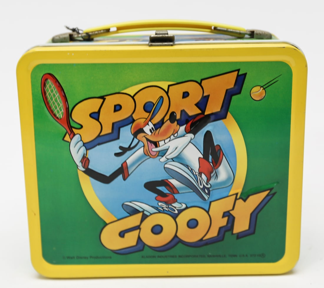 Disney Sport Goofy Aladdin Metal Lunch Box with Thermos: A vintage Aladdin Industries metal lunch box featuring Disney character Goofy playing tennis, soccer, and basketball in colorful Sport Goofy scenes. Measures approximately 7 x 8 inches and retains