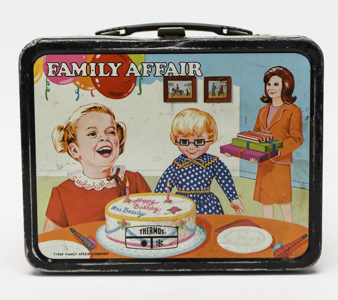1969 Family Affair Thermos Metal Lunch Box: A vintage 1969 Thermos metal lunch box featuring scenes and characters from the Family Affair television series, including Buffy, Jody, Uncle Bill, Mr. French, and Mrs. Beasley. The illustrated panels