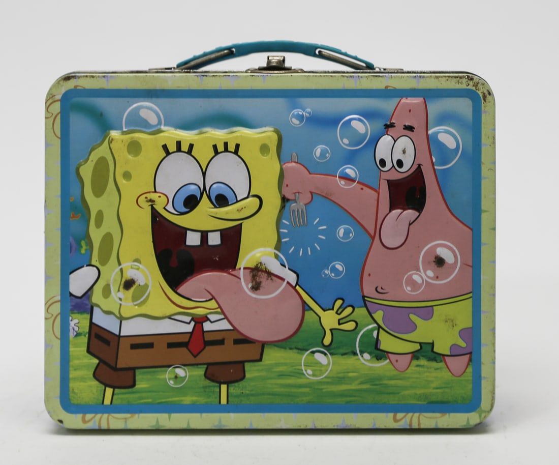 SpongeBob SquarePants and Patrick Metal Lunch Box: A colorful metal lunch box featuring SpongeBob SquarePants and Patrick Star with bubble-themed graphics on both sides. Measures approximately 6.5 x 7.5 inches and retains its blue plastic handle and m