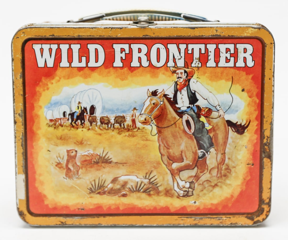 Vintage Wild Frontier Go West Game Metal Lunch Box: Vintage 1978 Battlestar Galactica metal lunch box by Aladdin Industries, featuring Cylons, spacecraft, and colorful scenes on both sides. Measures approximately 7 x 8 inches. Thermos is not included. 