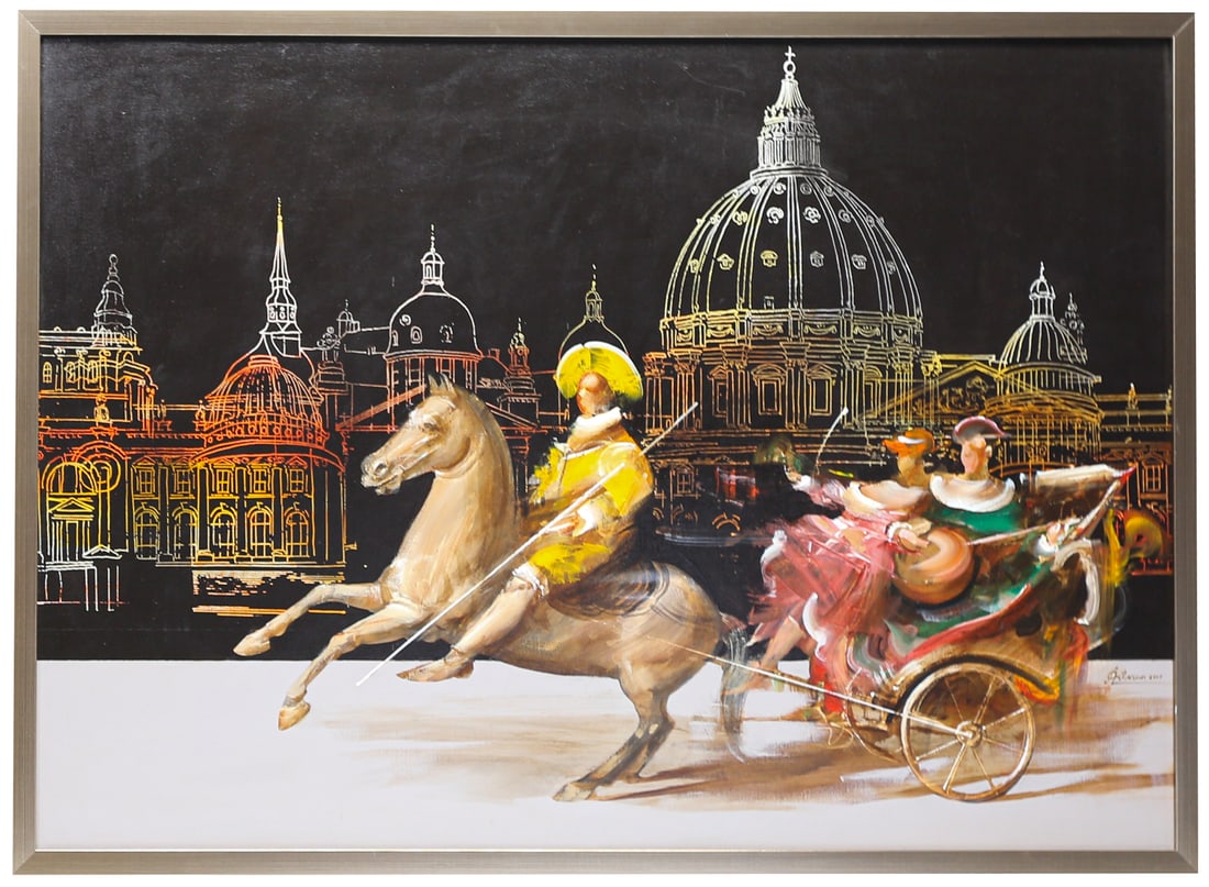 Artsrun Apresyan Acrylic Painting, Vatican Carriage Scene, 2007: Elegant Whiting & Davis mesh purse from the 1920s, crafted in golden metal with an intricate enameled pattern in soft pink, blue, and black. The delicate mesh body features a repeating diamond motif a