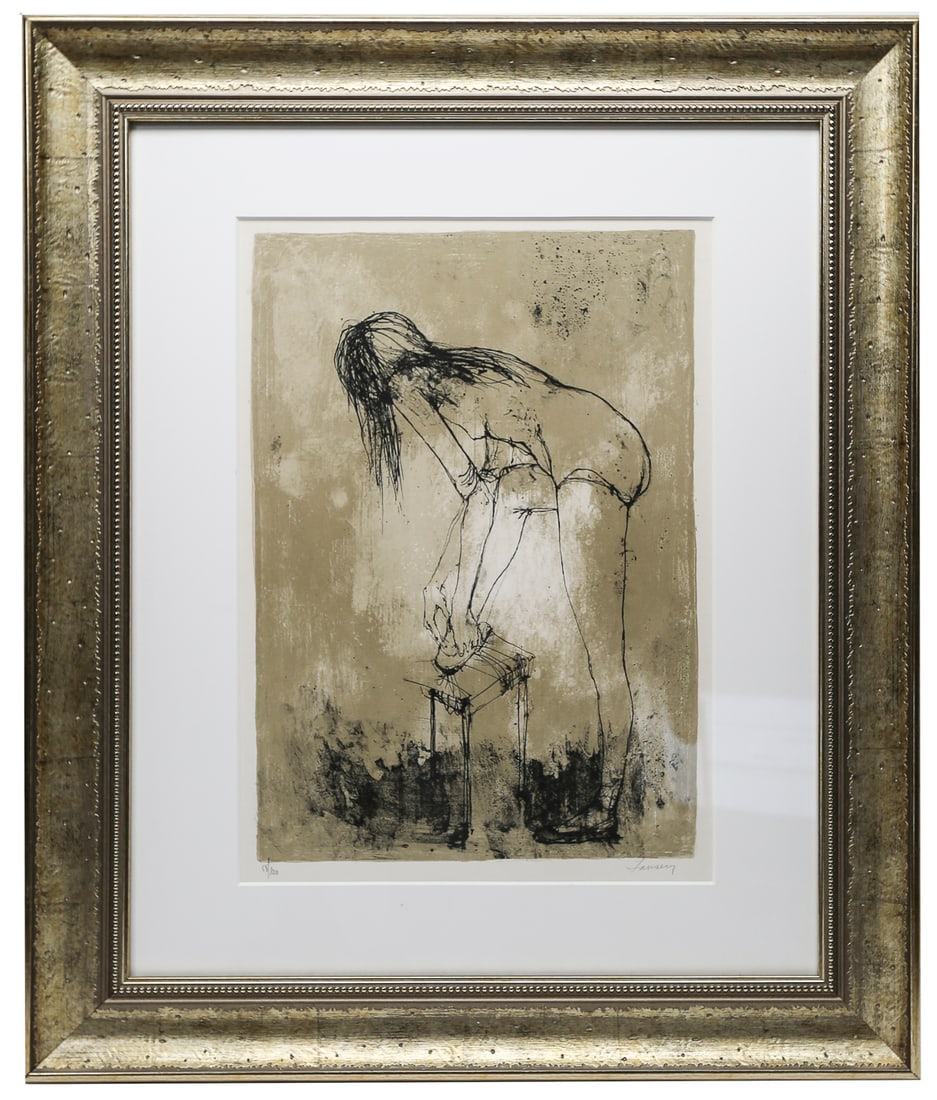 Jean Jansem Signed Limited-Edition Lithograph, 58/120: A limited-edition lithograph on paper by celebrated French-Armenian artist Jean Jansem (1920–2013), depicting an elongated female figure bending over a small stool. Executed in Jansem’s distinctiv