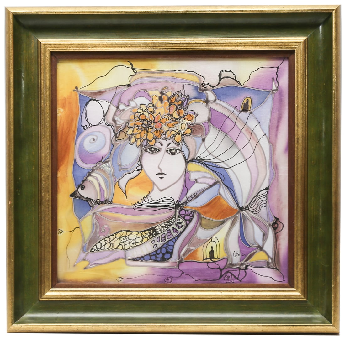 Nune Aghbalyan Armenian Artist Painted Scarf: Hand-painted scarf by Armenian artist Nune Aghbalyan, featuring a stylized female figure surrounded by flowers, fish, butterflies, and abstract architectural elements in vibrant pastel colors. Signed 