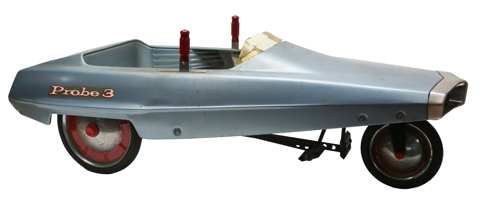 Vintage AMF Probe 3 Metal Pedal Car: Vintage AMF Junior Toy Division “Probe 3” metal pedal car featuring a futuristic streamlined body in metallic blue, red control levers, dashboard graphics, white bench seat, rubber tires, and