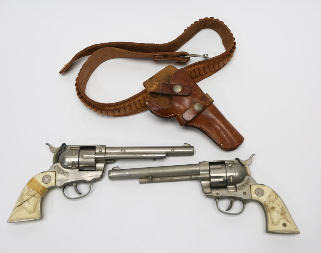 Vintage Cowboy Toy Cap Guns with Leather Holster (1 of 5)