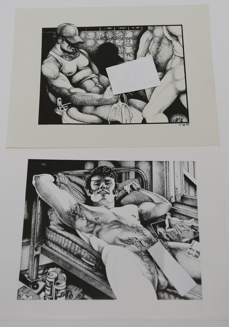 Rex Male Figure Art Prints Lot of 2: Collection of two black and white stipple art prints depicting muscular male figures in detailed interior scenes. One print is signed Rex and dated 1975. Each measures approximately 9 by 11 inches. Sh