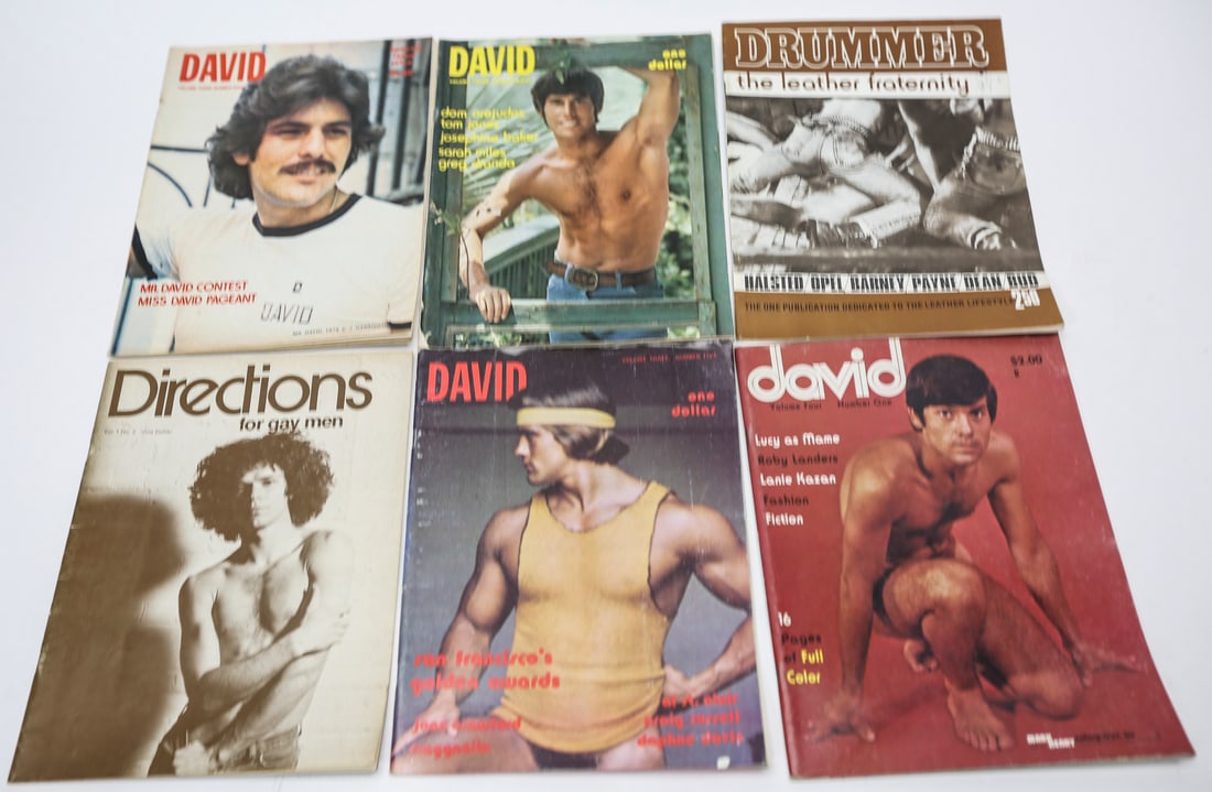 Vintage Gay Interest Magazines Lot of 6: Collection of six vintage gay interest and male physique magazines featuring photography, artwork, fashion, fiction, and cultural articles. Includes three issues of David, one issue of david, Drummer 