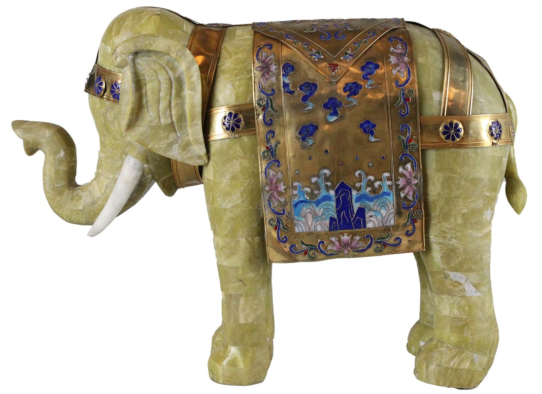 Large Chinese Motif Carved Soapstone Elephant Statue (1 of 6)