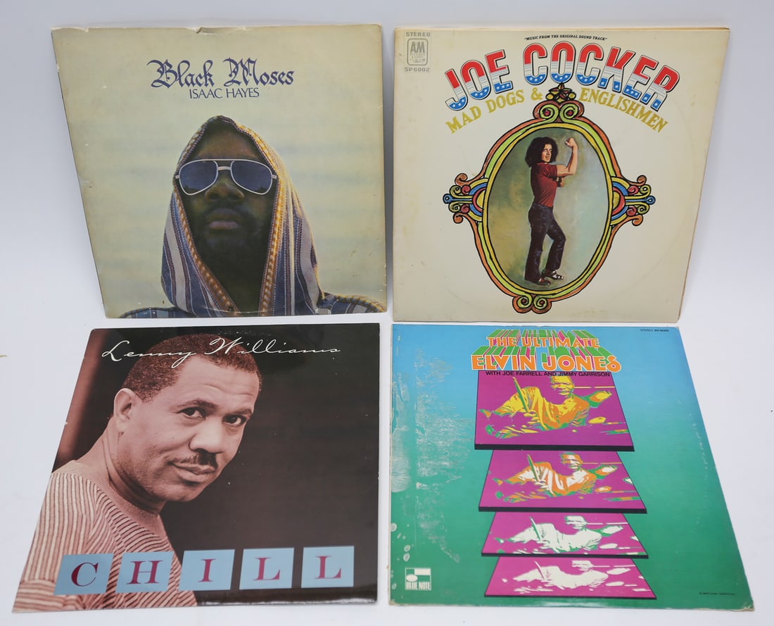 Vintage Soul and Jazz Vinyl Records Lot of 4: Lot of four vintage vinyl records featuring Isaac Hayes Black Moses, Joe Cocker Mad Dogs and Englishmen, Lenny Williams Chill, and The Ultimate Elvin Jones with Joe Farrell and Jimmy Garrison. A diver