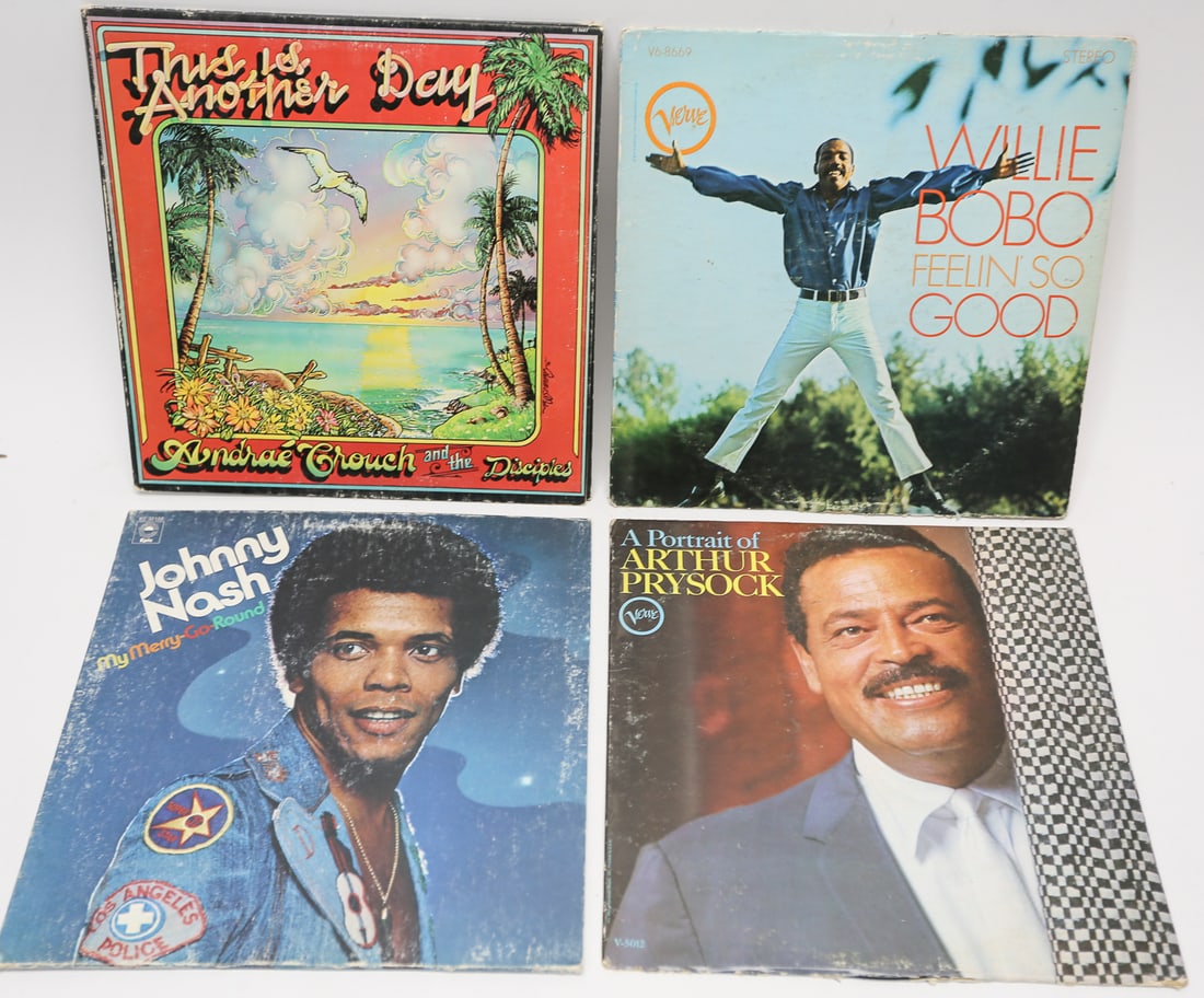 Vintage Soul Jazz and Gospel Vinyl Records Lot of 4: Lot of four vintage vinyl records featuring Andrae Crouch and the Disciples This Is Another Day, Willie Bobo Feelin So Good, Johnny Nash My Merry Go Round, and A Portrait of Arthur Prysock. A diverse 
