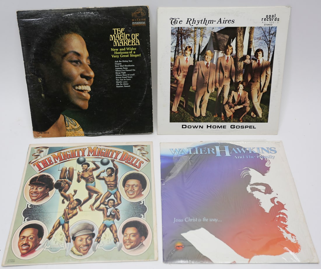 Vintage Soul Gospel and World Music Records Lot of 4: Lot of four vintage vinyl records featuring Miriam Makeba The Magic of Makeba, The Rhythm Aires Down Home Gospel, The Mighty Mighty Dells, and Walter Hawkins and the Family Jesus Christ Is the Way. A 