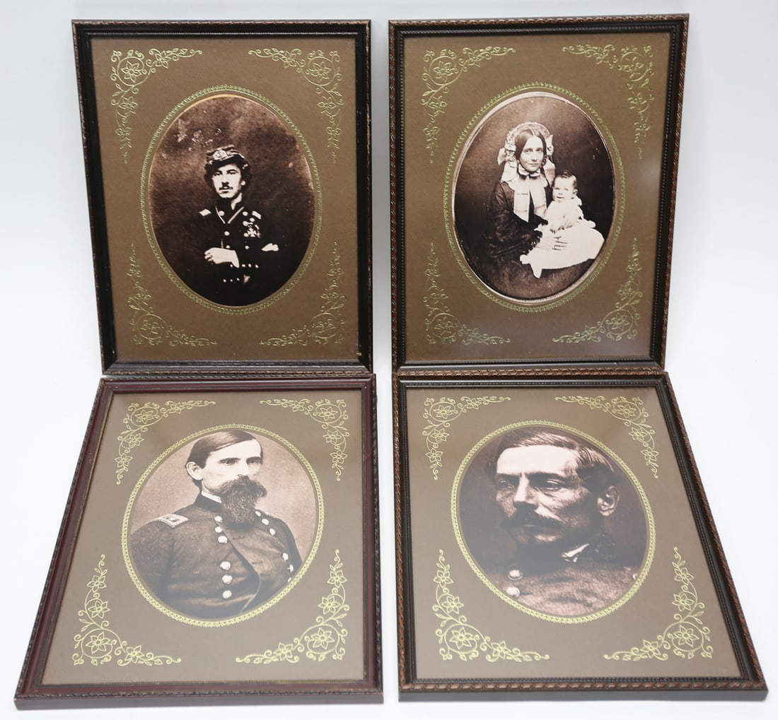 Framed Civil War Era Portrait Prints Lot of 4: Lot of four framed sepia tone portrait prints depicting Civil War era military figures and a period mother with child. Each is presented in an oval opening with decorative floral matting. From a Holly