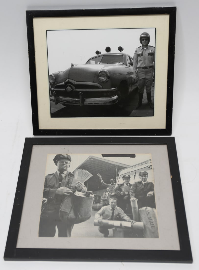 Framed American Service Photographs Lot of 2: Lot of two framed black and white photograph prints, including a uniformed highway patrol officer beside a vintage patrol car and a group of United States mail carriers with mail bags and parcels. Fro