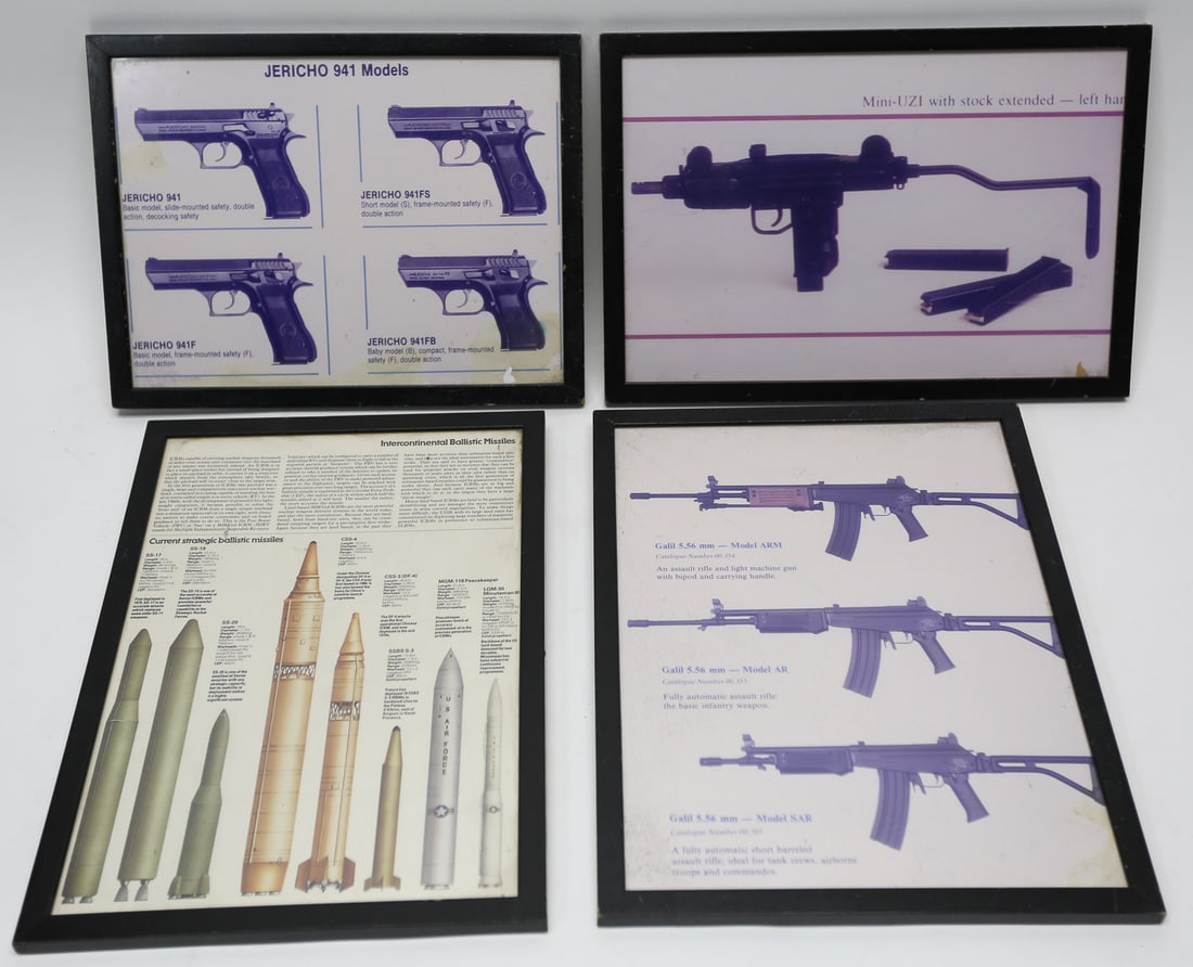 Framed Military Weapons Reference Prints Lot of 4: Lot of four framed reference prints illustrating Jericho 941 pistols, a Mini Uzi, Galil rifles, and intercontinental ballistic missiles. From a Hollywood prop house. Each measures approximately 14 x 1
