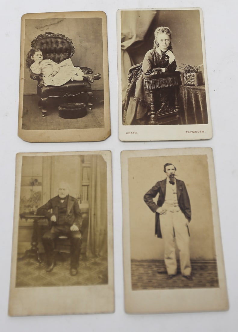 Antique Cabinet Card Portraits Lot of 4: A collection of four antique cabinet card photographs featuring Victorian era studio portraits of two young women and two men. Photographer imprints include R. H. Adams of St. Louis, Missouri, William