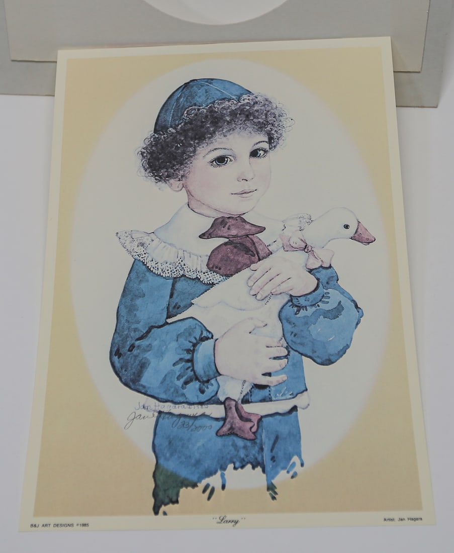 Jan Hagara Larry Limited Edition Print: A limited edition print after an original watercolor by Jan Hagara, depicting a young child dressed in blue and holding a white goose. Signed and numbered 123 of 2000, dated 1985, and published by B