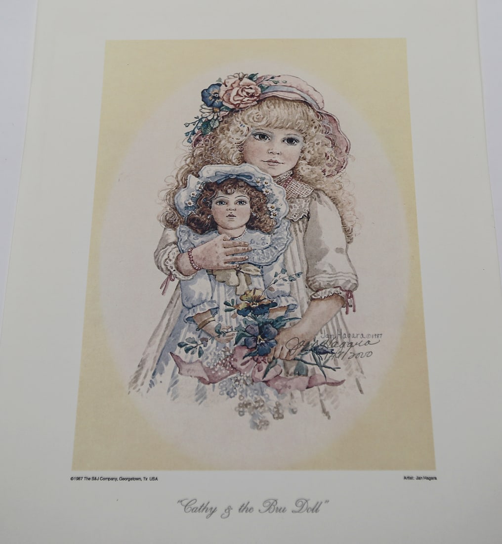 Jan Hagara Cathy and the Bru Doll Limited Edition Lithograph: A limited edition lithograph after an original watercolor by Jan Hagara, depicting a young girl holding an elaborately dressed Bru doll and a floral bouquet. Signed and numbered 147 of 2000, dated 198