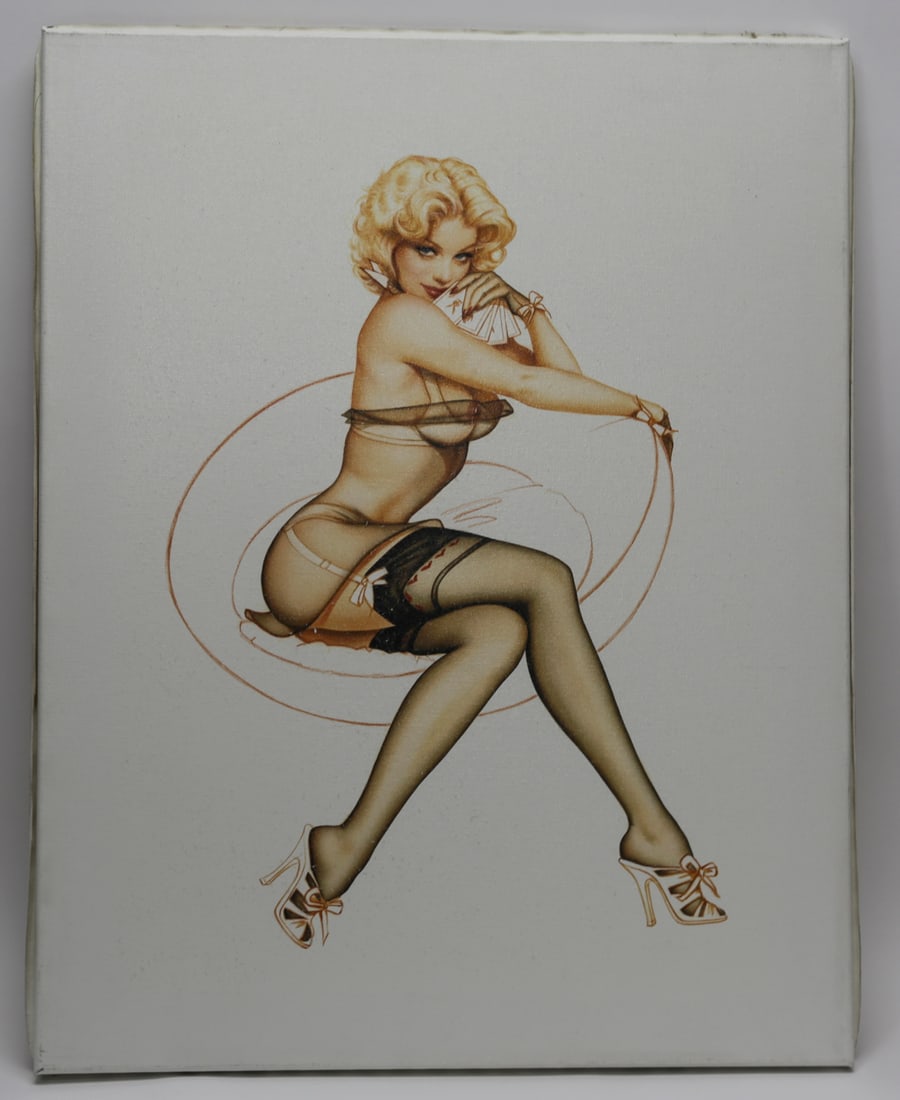 Olivia De Berardinis Two of a Kind Limited Edition: Giclee on canvas titled Two of a Kind by American pinup artist Olivia De Berardinis, depicting a glamorous blonde woman holding playing cards in a classic pinup composition. Dating to circa 2000 and p
