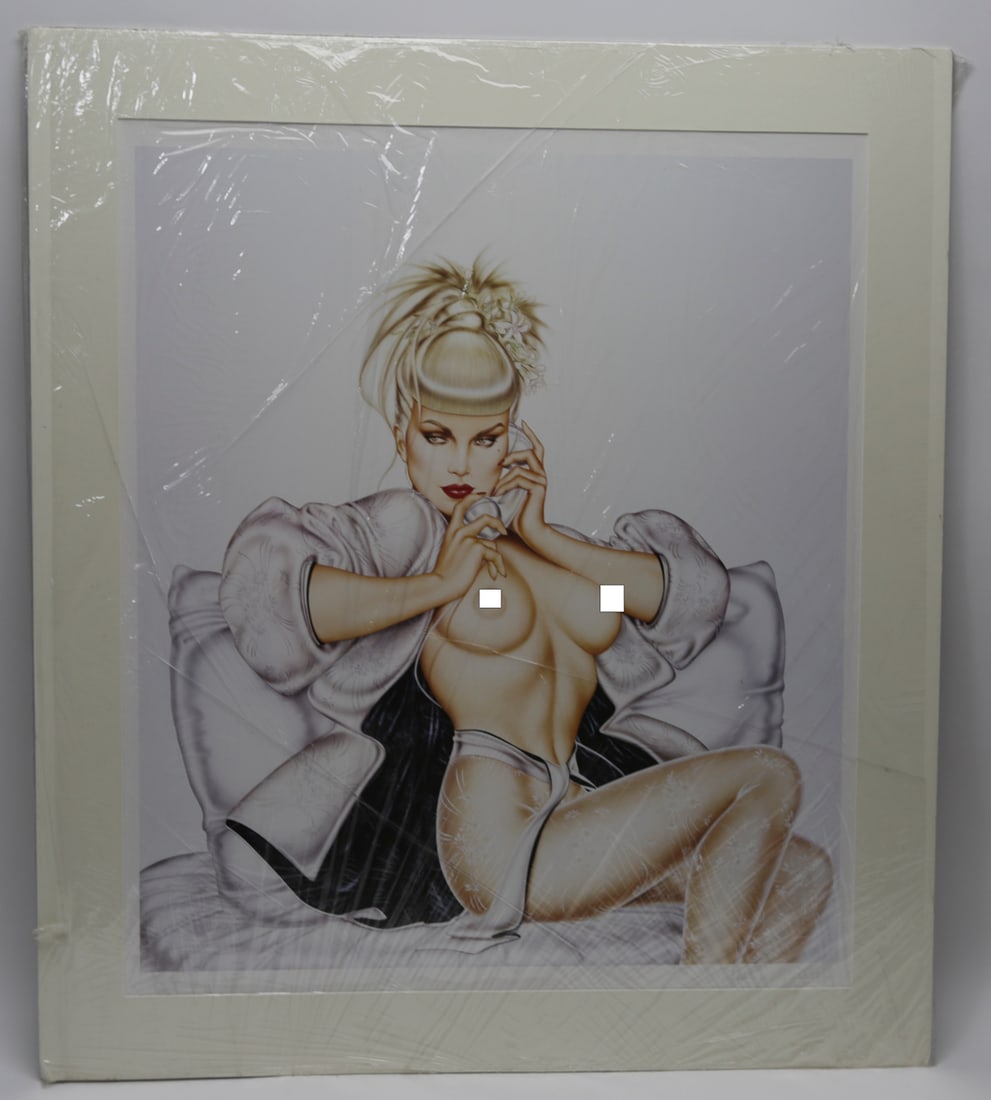 Lorenzo Sperlonga Leilani Munter Signed Limited Edition: Limited edition pinup print on paper by Italian American artist Lorenzo Sperlonga, depicting model and race car driver Leilani Munter posed with a telephone in an elegant contemporary composition. Sig