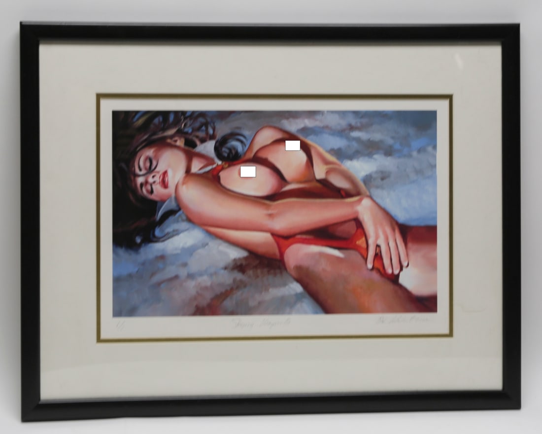 Robert Whitesitt Vampirella Sleeping Limited Edition Print: Limited edition fine art print after an original oil painting by Robert Whitesitt, depicting the comic character Vampirella reclining in a dramatic fantasy composition. Titled Vampirella Sleeping in p