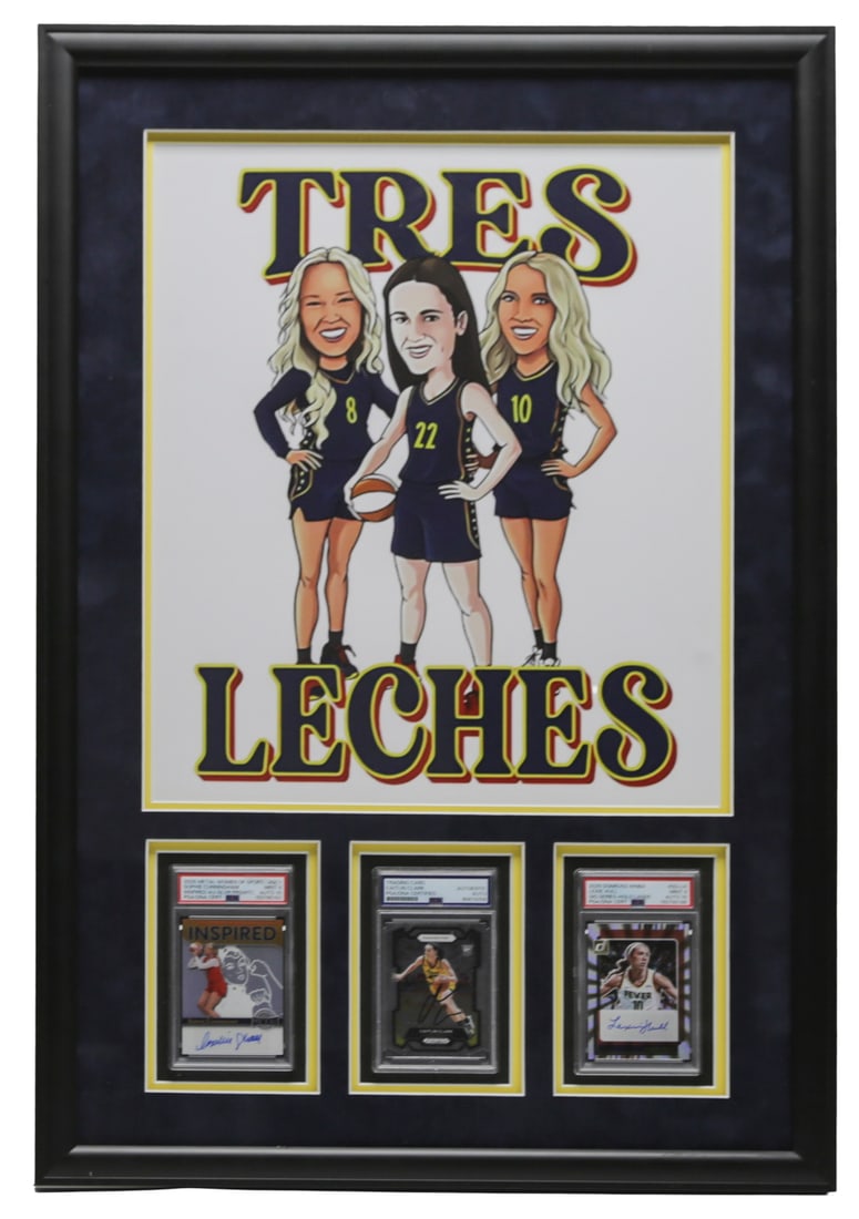 Caitlin Clark WNBA Autographed Card Display: Custom framed WNBA basketball card display featuring PSA authenticated autographed cards of Caitlin Clark, Sophie Cunningham, and Lexie Hull beneath a colorful Tres Leches caricature illustration.