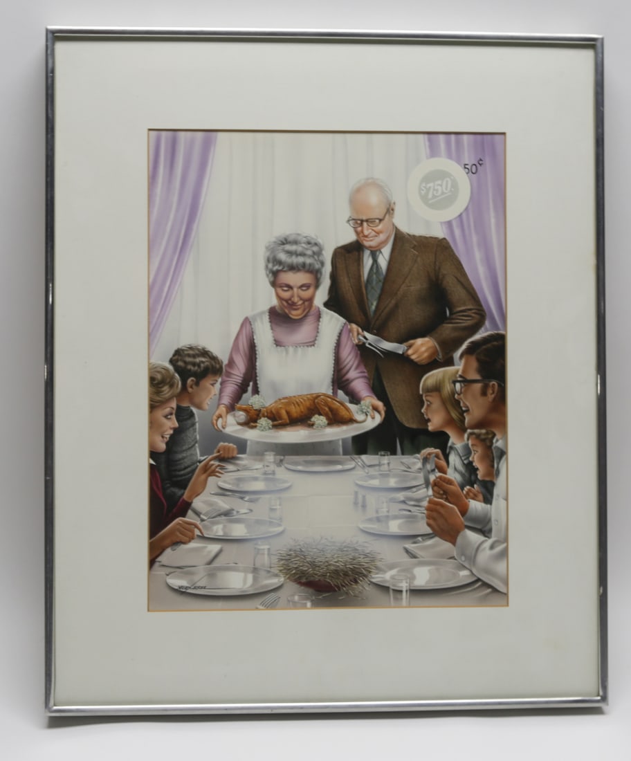 Alex Ebel Original Playboy Illustration 1974: Original mixed media on board illustration by American artist Alex Ebel depicting a family gathered around a dinner table in a satirical Norman Rockwell inspired style. The artwork appeared on page
