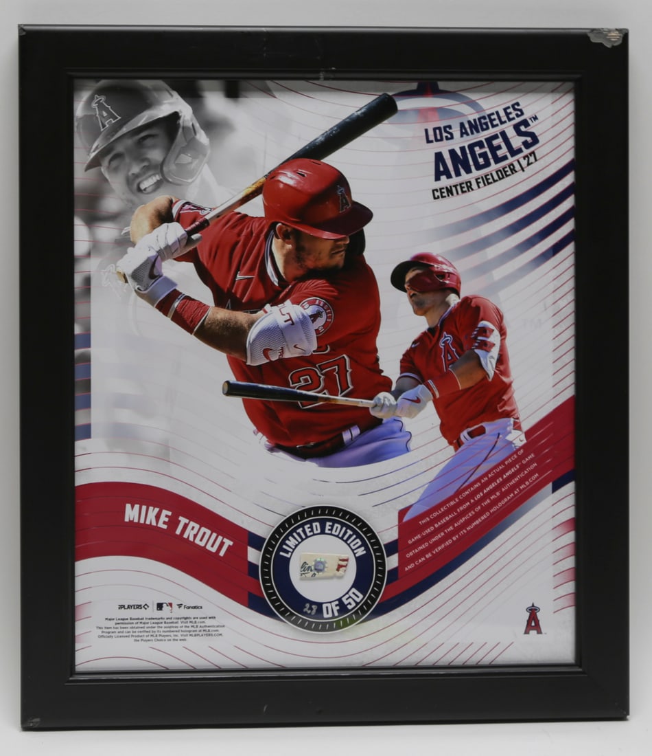 Mike Trout Game Used Baseball Limited Edition Display: Framed Los Angeles Angels commemorative display featuring star center fielder Mike Trout in multiple batting images with an inset fragment from an MLB authenticated game used baseball. The baseball