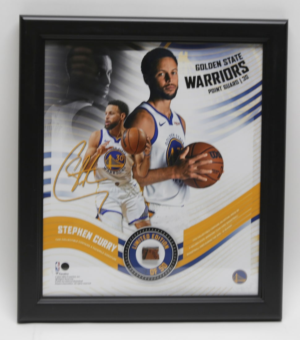 Stephen Curry Team Used Basketball Limited Edition Display: Framed Golden State Warriors commemorative display featuring multiple images of Stephen Curry with an inset fragment from a team used basketball from the 2018 to 2019 season. The display includes a