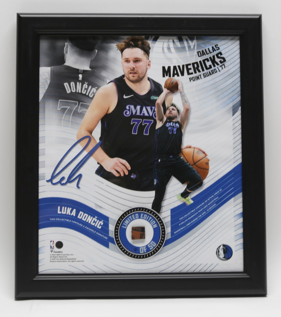 Luka Doncic Team Used Basketball Limited Edition Display: Framed Dallas Mavericks commemorative display featuring multiple images of Luka Doncic with an inset fragment from a team used basketball from the 2018 to 2019 NBA season. The display includes a