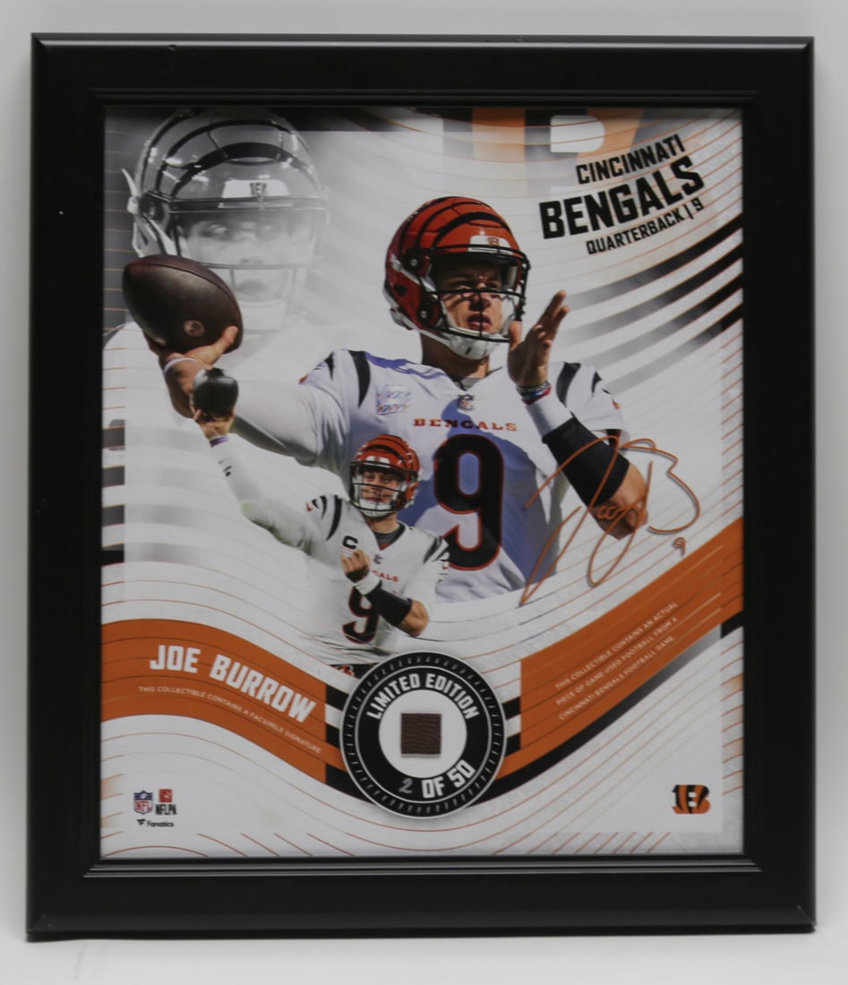 Joe Burrow Cincinnati Bengals Game Used Football Display: Framed Cincinnati Bengals commemorative display featuring quarterback Joe Burrow, a facsimile signature, and an inset fragment from an authentic Bengals game used football. Numbered 2 from a limited
