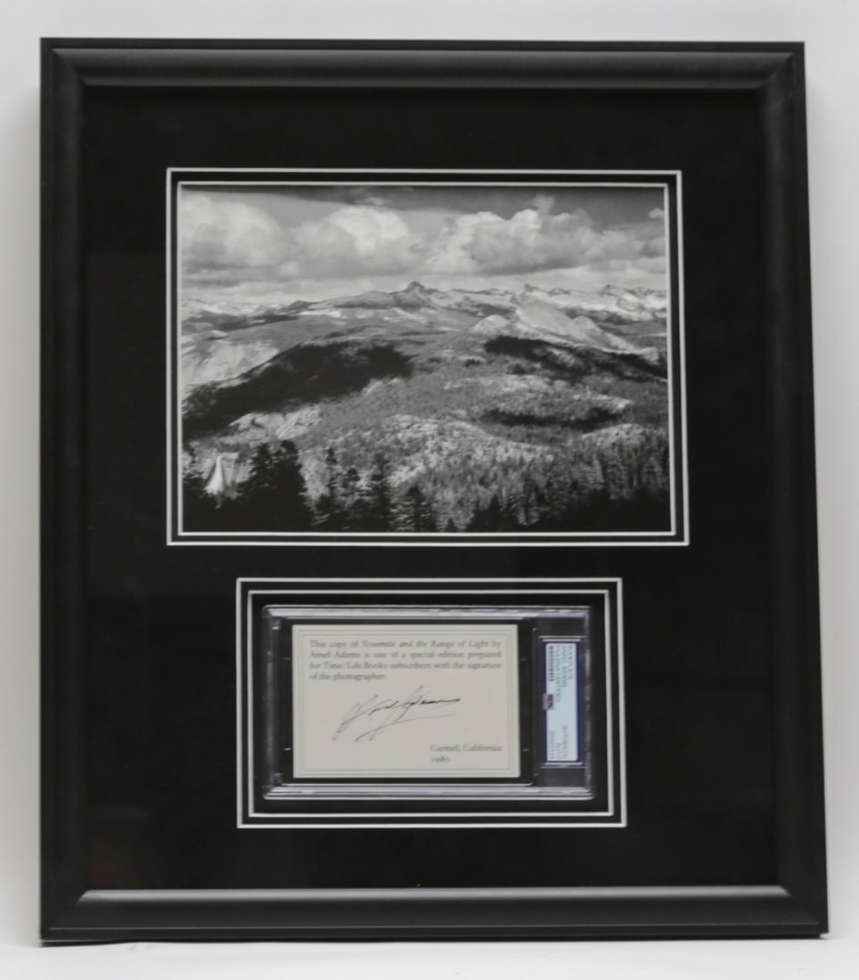 Ansel Adams Signed Bookplate PSA DNA Certified: Framed Ansel Adams memorabilia display featuring a signed 1980 bookplate from a special edition of Yosemite and the Range of Light prepared for Time Life Books subscribers. The signature is certified