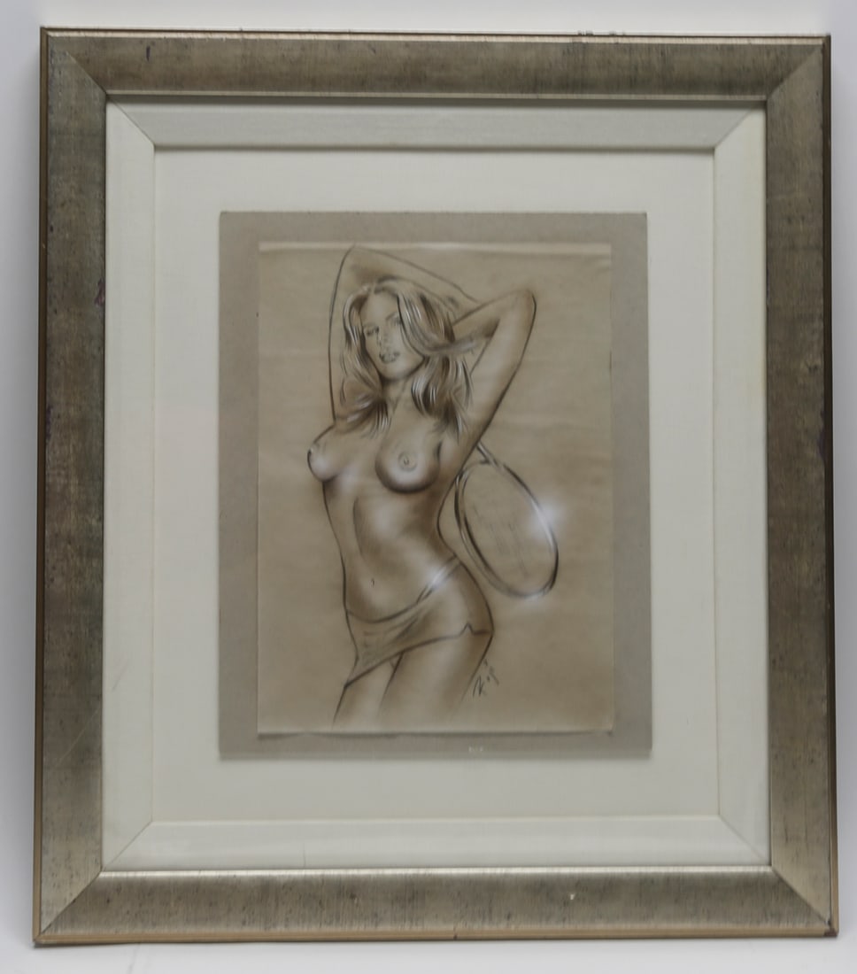 Sonja Roji Afternoon Tennis Original Drawing: Original pencil and chalk drawing on vellum by Sonja Roji titled Afternoon Tennis, depicting a standing female nude posed with a tennis racket. Created circa 2000 and signed by the artist near the low