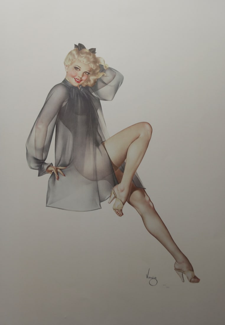 Alberto Vargas Signed Limited Edition Pinup Lithograph: Limited edition lithograph on archival paper after renowned pinup artist Alberto Vargas, depicting a smiling blonde woman wearing a sheer gray dress and high heeled shoes. Signed Varga at the lower ri