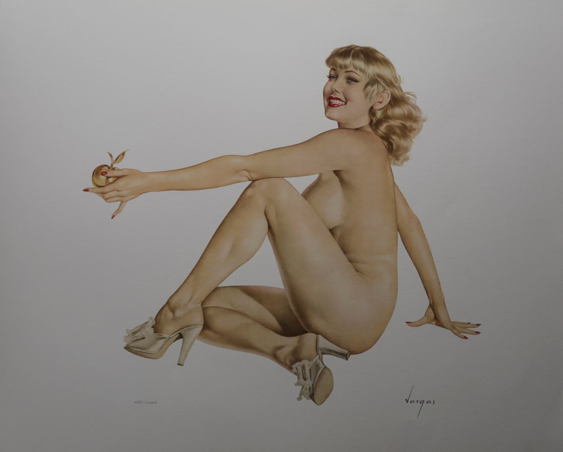 Alberto Vargas Limited Edition Estate Pinup Lithograph: Limited edition lithograph on paper after renowned pinup artist Alberto Vargas, depicting a smiling seated blonde woman wearing high heeled shoes and holding a golden apple. Bearing the Vargas signatu