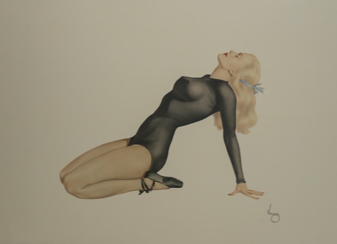 Alberto Vargas Limited Edition Black Bodysuit Poster: Limited edition pinup poster after renowned artist Alberto Vargas depicting a reclining blonde woman wearing a sheer black bodysuit and black high heeled shoes, posed against a neutral background. Bea